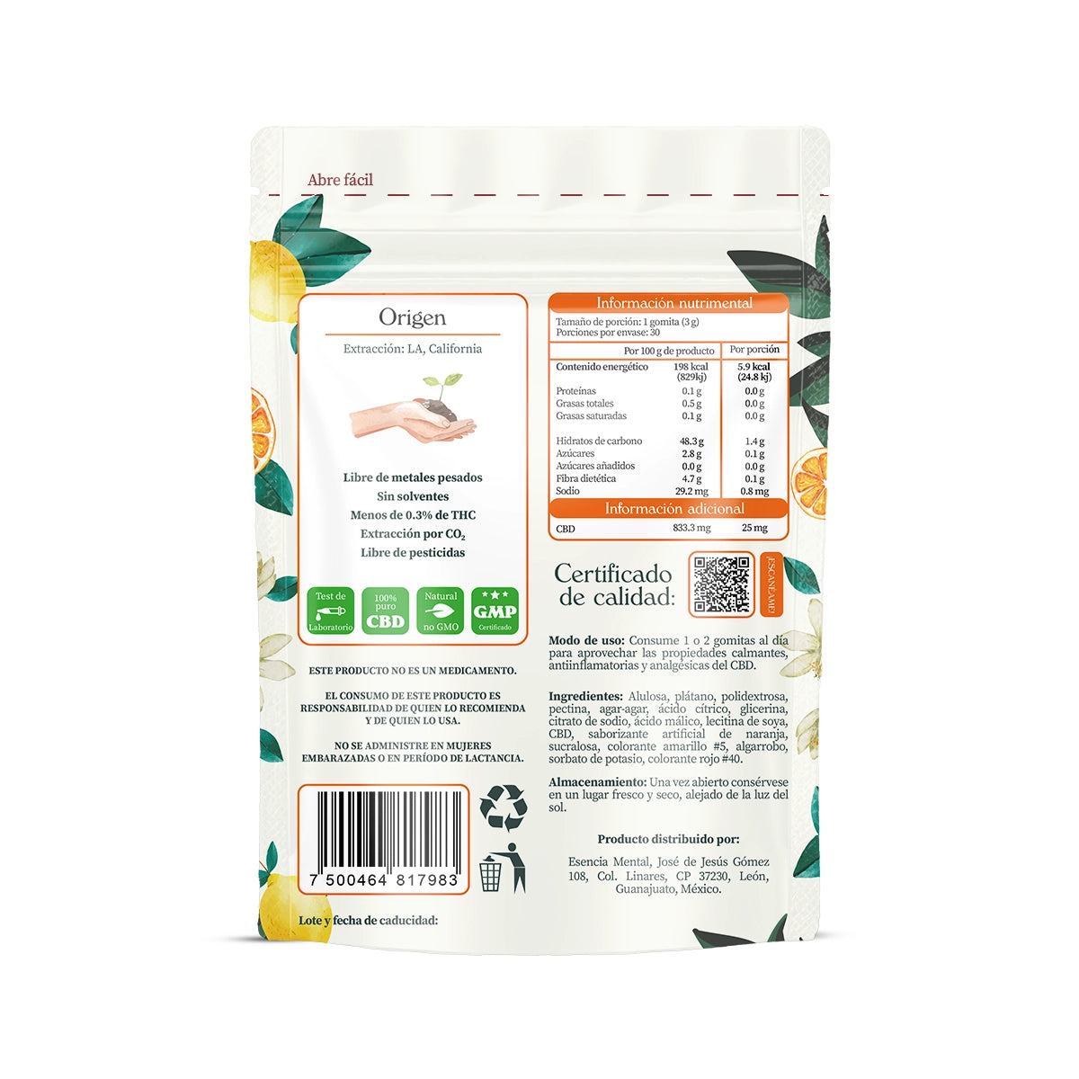 Gomitas con CBD sabor naranja 750mg reverso